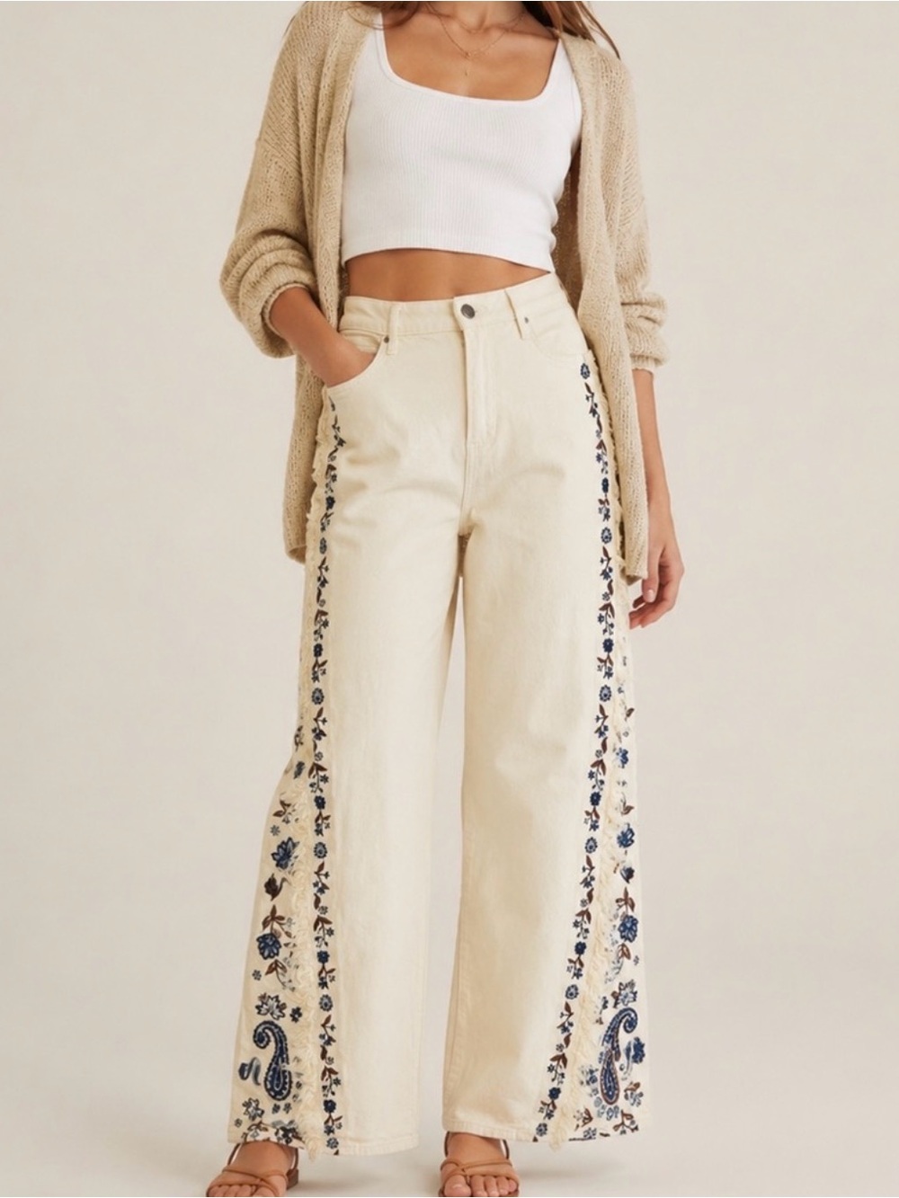 Driftwood Frankie Stretch Denim Paisley
Embroidered Wide Leg Sz 31